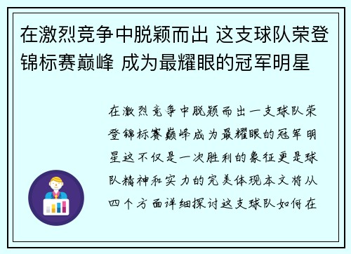 在激烈竞争中脱颖而出 这支球队荣登锦标赛巅峰 成为最耀眼的冠军明星