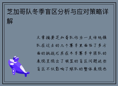 芝加哥队冬季盲区分析与应对策略详解